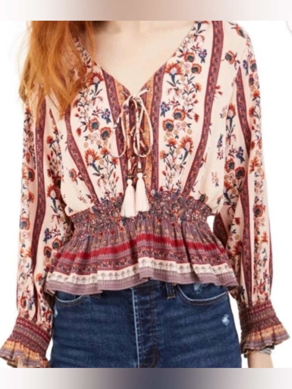 Angie Boho Floral Peplum Blouse - crop top